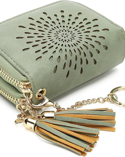 APHISON RFID Credit Card Holder Zipper Card Case Keychain Small Wallet for Women 1942-2 GREEN