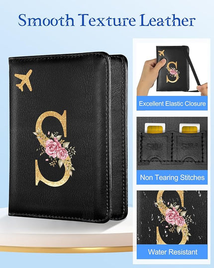 Slohif Initial Passport Holder Cover Wallet Case for Travel Women - Leather Letter Passport Book Family Multiple Personalized Organizer Card Slots Protector Sleeve Essentials Slim Carrier Black S