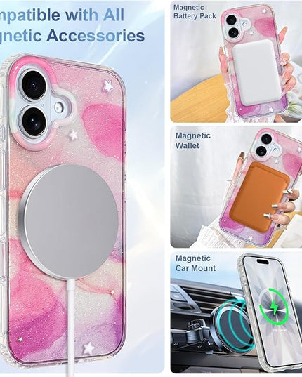 Cute Case for iPhone 17 Case for Women Girls [Compatible with Magsafe] Aesthetic Girly Trendy Glitter Sparkly Bling Magnetic Protective Phone Cover, Pink