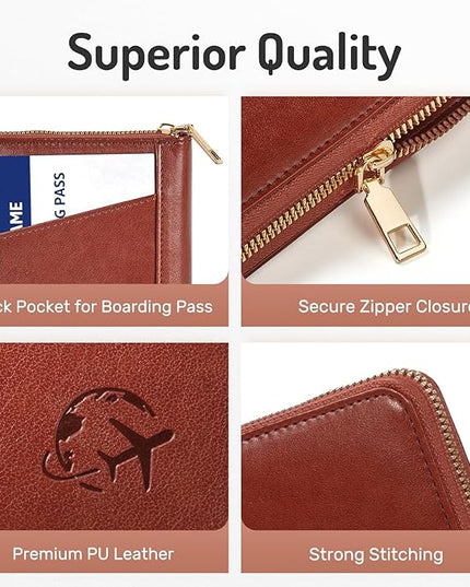 Forvencer Passport Holder Cover with Safe Zipper Closure, Premium Passport Wallet for Travel, Sleek RFID Blocking Card Case, Waterproof Travel Accessories for Men, Brown