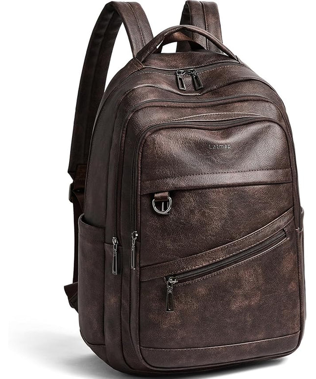 43L Backpack for Women Men - Vegan Leather Backpack Purse Travel Carry-on Bag College Bookbag Work fits 17" Laptop, Coffee