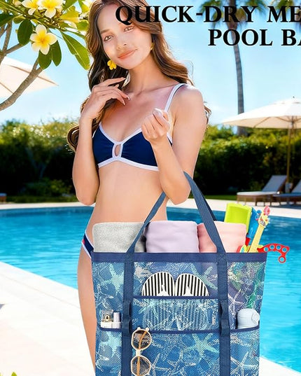 Mesh Beach Bag, Large Beach Tote with Zipper Pocket, Toys Pool Bag for Family Travel Vacation Cruise Essentials
