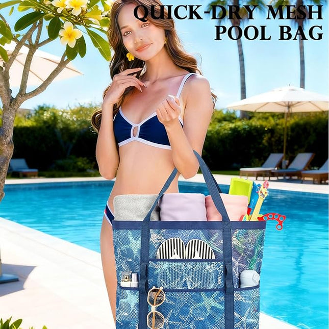 Mesh Beach Bag, Large Beach Tote with Zipper Pocket, Toys Pool Bag for Family Travel Vacation Cruise Essentials