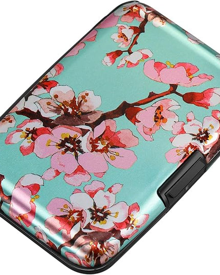 ELFISH Mini RFID Aluminum Wallet Credit Cards Holder Business Card Case Metal ID Case for Men Women（Pink Peach Blossom