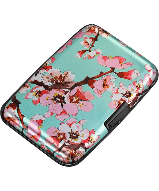 ELFISH Mini RFID Aluminum Wallet Credit Cards Holder Business Card Case Metal ID Case for Men Women（Pink Peach Blossom