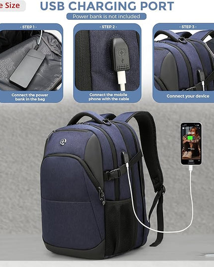 Swissdigital Design Travel Laptop Backpack for Men and Women, 35L Expandable Large Business Backpack with USB Charging Port for Fits 17 Inch Notebook, Blue | SD1671-12