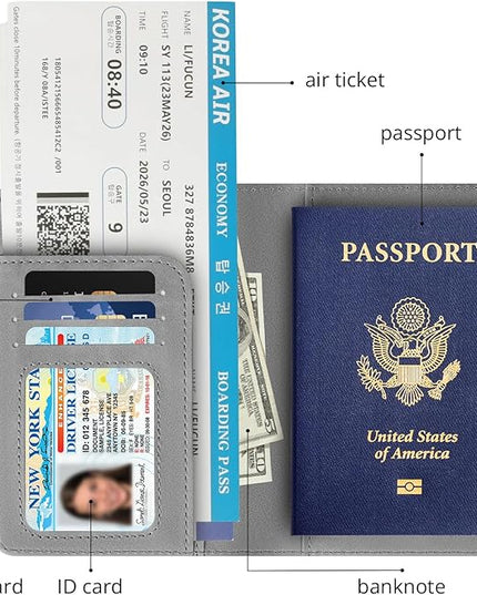 Passport Holder for Travel Essentials,RFID Blocking Passport Cover Wallet Card Case for Women and Men (Gray)