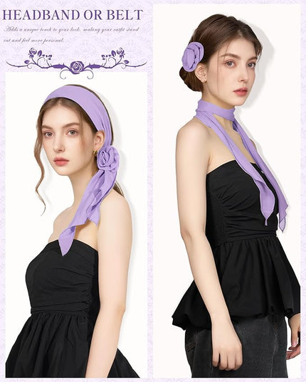 Chiffon Scarf for Women, Removable Flower Neck Scarf Light Soft Fashion Rose Scarves Versatile Headband or Hair Band