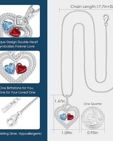 LOUISA SECRET Sparkling Double Heart Birthstone Necklaces for Women, 925 Sterling Silver Fine Jewelry, Pendant Heart Necklaces Birthday Anniversary Christmas Gift for Women Wife Mom Girlfriend Lady