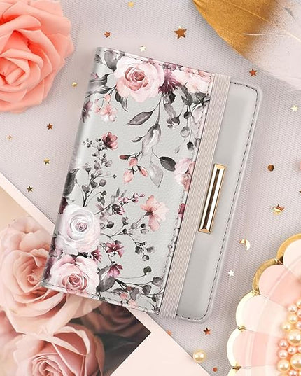 Passport Holder Cover Travel RFID Blocking Passport Cover Rose Gold Cute Flowers Passport Wallet with Elastic Band for Women