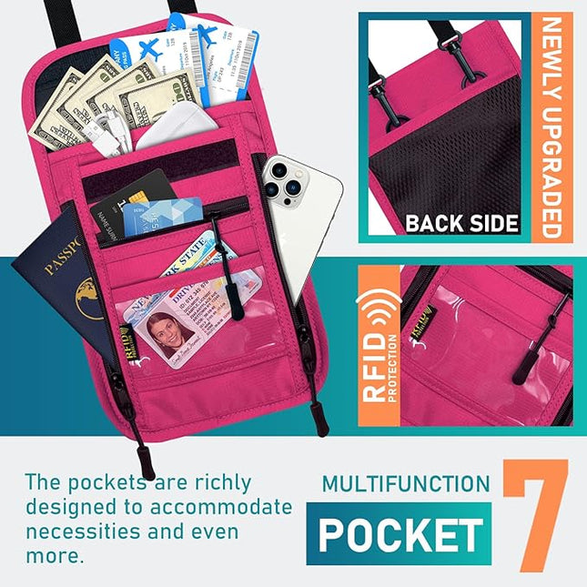 sundee Travel Neck Wallet with Double Zippers, RFID Blocking Passport Holder with Adjustable Neck Strap for Men and Women to Keep Cash, Credit Cards and Travel Documents Safe - Rose Red