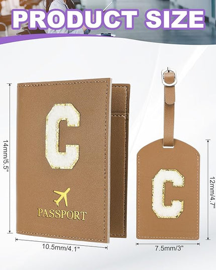 PATIKIL Passport Holder for Travel, Initial Passport Cover and Luggage Tag Set with Alphabet Chenille Letter Patch Travel Wallet Bag Suitcase Identifier for Women Family Travel Brown C