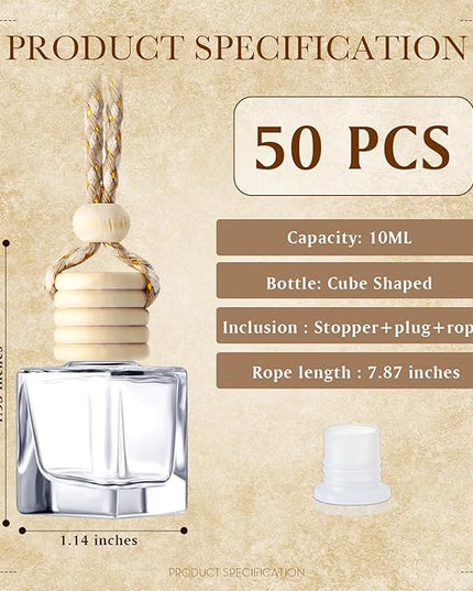 BBTO 50 Pcs Hanging Car Air Freshener Car Diffuser Bottles Empty Glass Perfume Bottle Freshener Diffuser Bottle Pendant for Essential Oil Fragrance Aromatherapy Bottle Ornament(Cube)