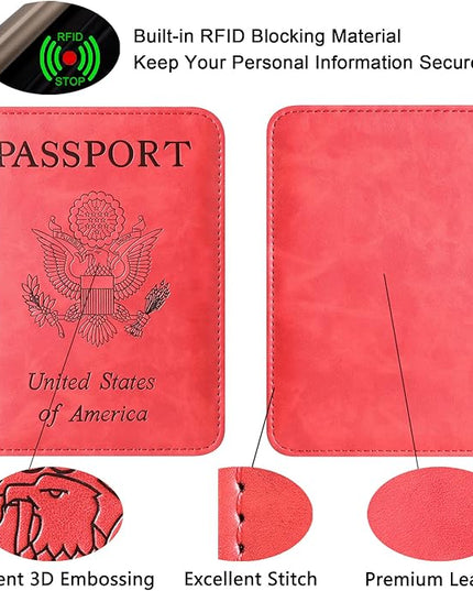 Passport Holder Cover Wallet Travel Essentials Leather Rfid Blocking Case Vacation Luggage Must Haves Travel Accessories for Men Women (116#Red)