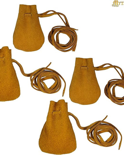 Mythrojan Small Trinket Pouches Suede Leather Drawstring Coin & Dice Bags for LARP, SCA, Viking & Medieval Events (Yellow - Pack of 4)