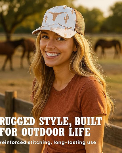 Western Trucker Charcoal Bull Cactus Baseball Cap Outdoor Punchy Mesh Snap Back with Adjustable Fit for Country Wear