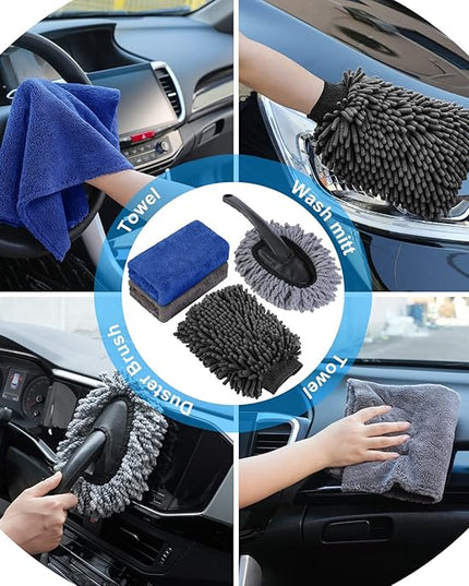 AUTODECO 35Pcs Car Wash Detailing Kit Cleaning Kits with Foam Gun Sprayer Collapsible Bucket Brush Large Wash Mitt Towels Complete Interior Exterior Car Washing Supply Set Black