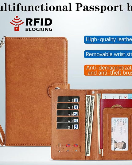 Passport Holder for Travel Essentials, RFID Blocking PU Leather Wallet Cover with Wristlet Strap Magnetic Closure Passport Book Holders Case for Women and Men, Brown