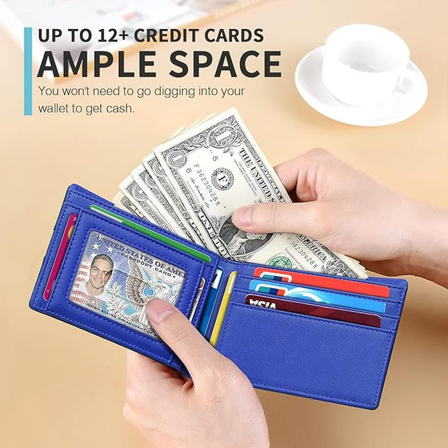 RUNBOX Wallet for Men Slim 11 Credit Card Holder Slots Leather RFID Blocking Small Thin Men's Wallet Bifold Minimalist Front Pocket Large Capacity Gift Box