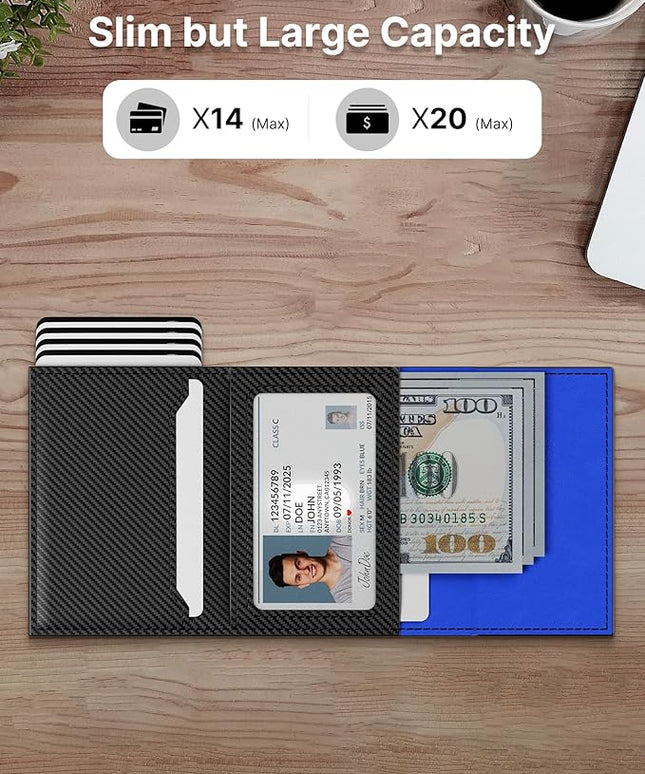 typecase Mens Wallet Card Holder: Pop Up Aluminum Case, Genuine Leather, Smart, RFID Blocking, Slim, Minimalist, Front Pocket - 9-14 Card Capacity | ID Window | Cash Slot (Carbon Fiber Navy)