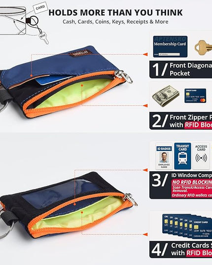 RFID Travel Wallet with Adjustable Lanyard-Zipper Small Wallet with ID Card Holder, Keychain for women&men-Minimalist Slim Waterproof Nylon case for ID, Cash, Key (Navy+Black)