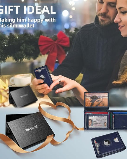 MIYOZI Airtag Wallet for Men,with Cash Pocket 2 ID Window 13 Cards,Slim Leather Wallet Front Pocket Card Holder RFID Blocking with Gift Box
