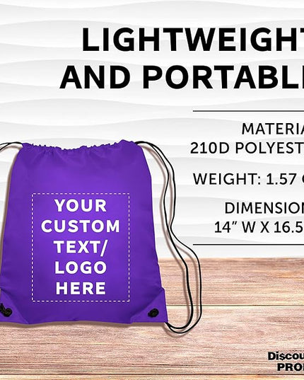 DISCOUNT PROMOS Custom Classic Polyester Drawstring Bagpack Set of 10/50/100, Personalized Bulk Pack - Great for Travelling, Gym and for Everyday Use - Purple
