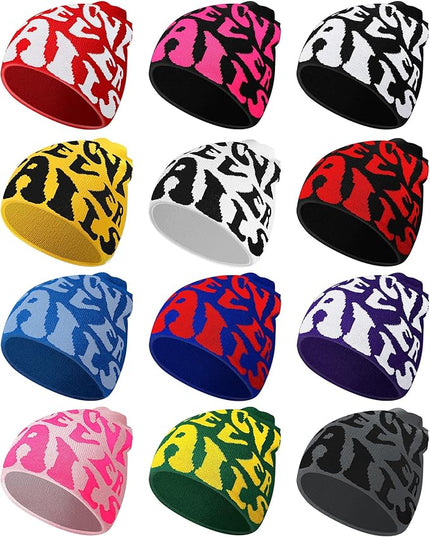 Toulite 12 Pieces Y2K Spider Web Beanie Gothic Graphic Beanies Outdoor Winter Warm Knitted Hat for Men Women