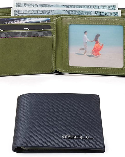 VISOUL Leather Mens Bifold RFID Blocking Wallet with 2 ID Windows, Leather Wallet for Men (Carbon Fiber, Black+Green)