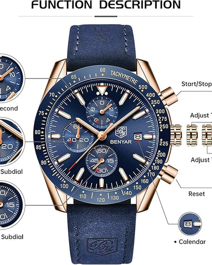 BY BENYAR Watch for Men Analog Quartz Chronograph Waterproof Luminous Designer Mens Wrist Watches Business Work Sport Casual Dress Watch with Silicone Strap Elegant Gifts for Men