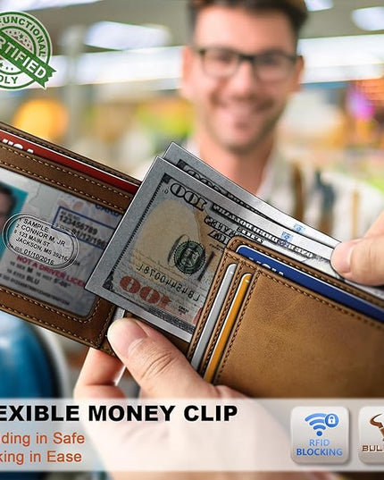 BULLIANT Men Wallet,Slim Leather Wallet Money Clip Magnetic Closure Simplifed Bill Folder 10Cards RFID Blocking 4.3"×3"