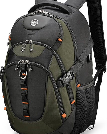 Swissdigital Design Laptop Backpack, Travel Backpack with USB Charging Port Fits 15.6 inches Computer, 31L College School Bookbag for Men,Olive/Black | SD803-26