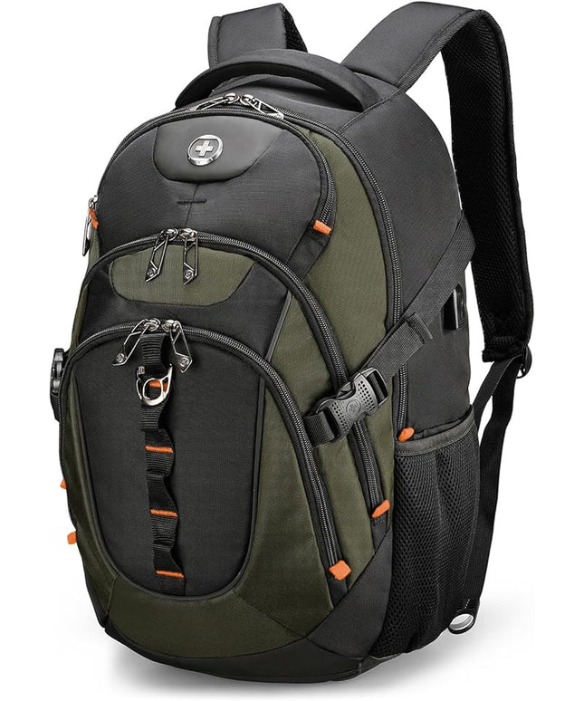 Swissdigital Design Laptop Backpack, Travel Backpack with USB Charging Port Fits 15.6 inches Computer, 31L College School Bookbag for Men,Olive/Black | SD803-26