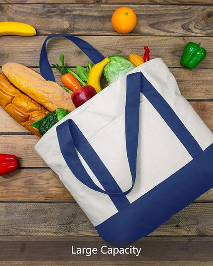 TOPDesign 6-Pack Canvas Tote Bags with an External Pocket, Reusable Grocery Shopping Bags, Top Zipper Closure, Daily Essentials (Blue/Natural)