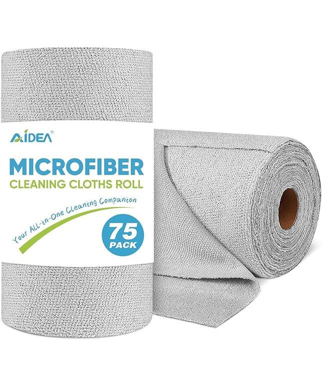 AIDEA Microfiber Cleaning Cloth Roll, Grey 75PK, Reusable Paper Towels Tear Away Cloth, Microfiber Towels for Cars, Wash Cloths, Lint Free Rags for House, Kitchen,Window,Cleaning Supplies 11.5"×11.5"