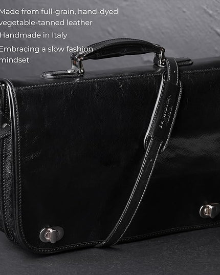Time Resistance Leather Briefcase for Men - Italian Full Grain Leather Laptop Bag - Messenger Bag - Gift Box Included