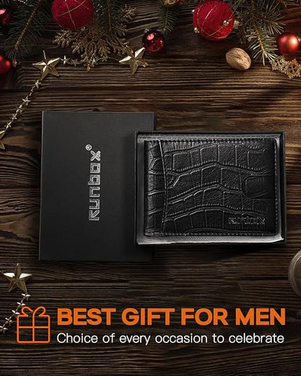RUNBOX Slim Wallet for Men Genuine Leather RFID Blocking Bifold Minimalist Front Pocket Mens Wallet with Money Clip Thin Gift Box