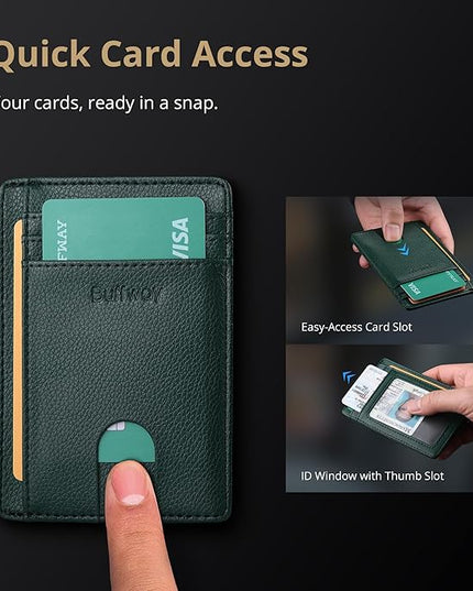 Buffway Slim Minimalist Front Pocket RFID Blocking Leather Wallets for Men and Women - Lichee Green