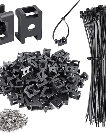 100 Pcs Cable Zip Tie Saddle Type Mounts Base with 8" Cable Ties Tapping Screw, Wire Cable Clips Organizer Holders Clamps Black