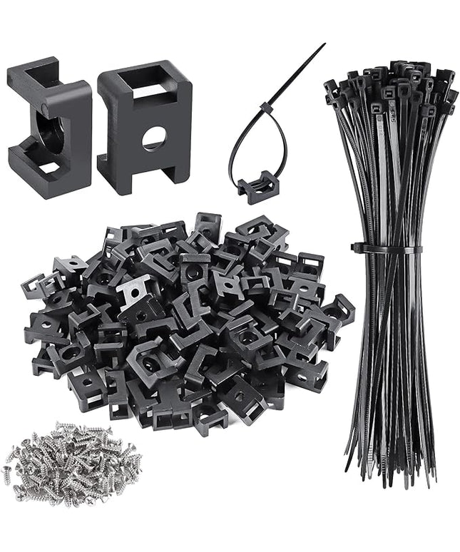 100 Pcs Cable Zip Tie Saddle Type Mounts Base with 8" Cable Ties Tapping Screw, Wire Cable Clips Organizer Holders Clamps Black