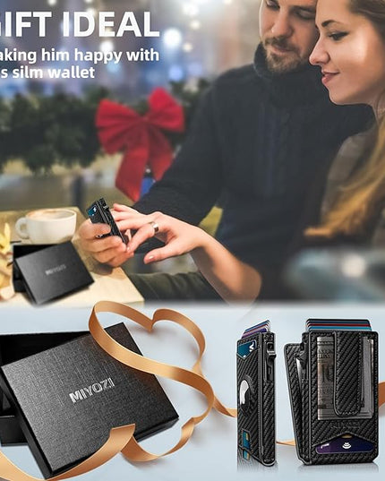 miyozi Airtag Wallet for Men Money Clip 9-Card Pop-Up Credit Card Holder with ID Window RFID Blocking Metal Case Magnetic Closure Front Pocket Wallet Gift Box