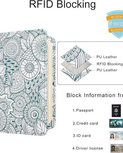 WALNEW Passport Holder for Travel, RFID Passport Cover Wallet for Women Men, PU Leather Passport Book Card Holder Case with Pen (Elastic Band Closure, D-Green Petals)
