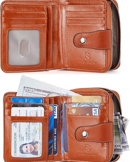 BOSTANTEN Leather Wallets for Women RFID Blocking Zipper Pocket Small Bifold Wallet Card Case Brown