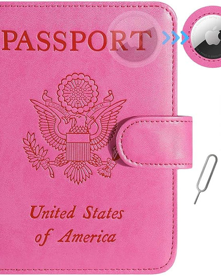 Airtag Passport Holder Cover Wallet RFID Blocking Leather Case Travel Essentials Luggage Accessories Travel Must Have(118#Pink)