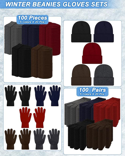 Suhine 200 Pieces Winter Beanies Gloves Sets Include 100 Warm Knitted Hats Bulk and 100 Gloves for Men Women Homeless
