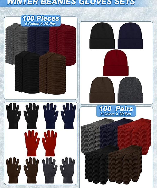 Suhine 200 Pieces Winter Beanies Gloves Sets Include 100 Warm Knitted Hats Bulk and 100 Gloves for Men Women Homeless