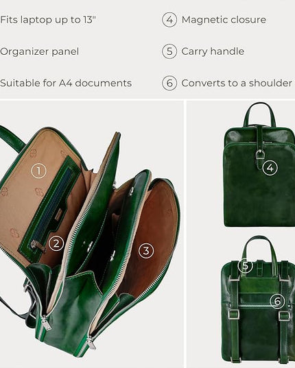 Time Resistance Leather Backpack - Convertible to Shoulder Bag - Full Grain Real Leather Travel Rucksack for Women (Green)