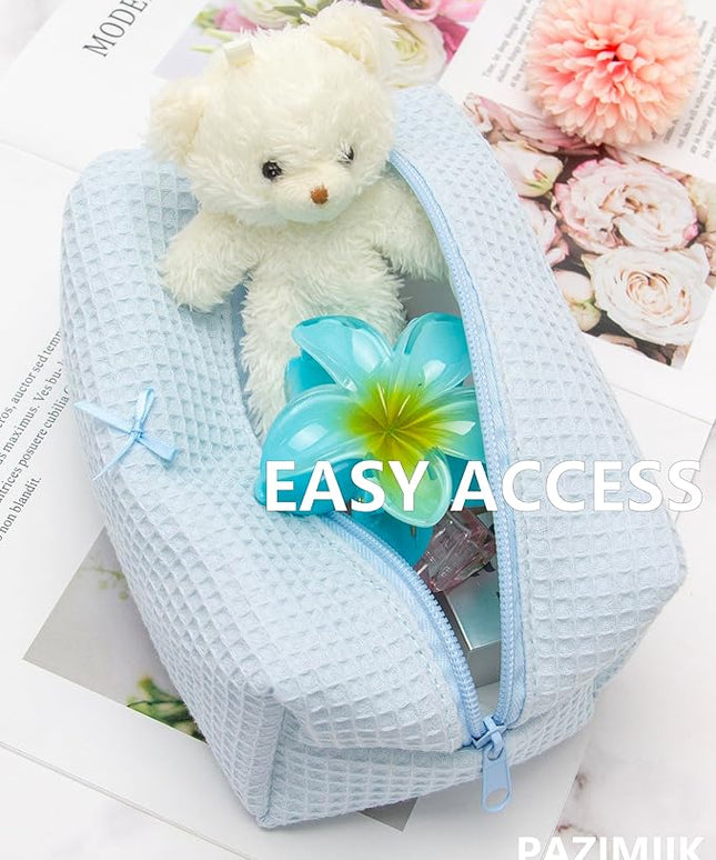 PAZIMIIK 2PCS Cozy Makeup Bag Travel Cosmetic Bag for Women Soft Toiletry Bag Aesthetic Makeup Organizer Portable Large Zipper Pouch for Skincare Beauty Accessories Brushes Waffle Check Blue