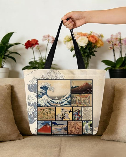 Katsushika Hokusai Japanese Painting Tote Bag Reusable Grocery Bags Aesthetic Shopping Shoulder Handbag with Interior Zipper Pocket Stylish Ukiyoe The Great Wave Present for Women