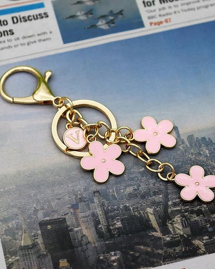 Cute Initial Letter Keyring for Women Girls Nice Flower Keychains for Handbag Backpack